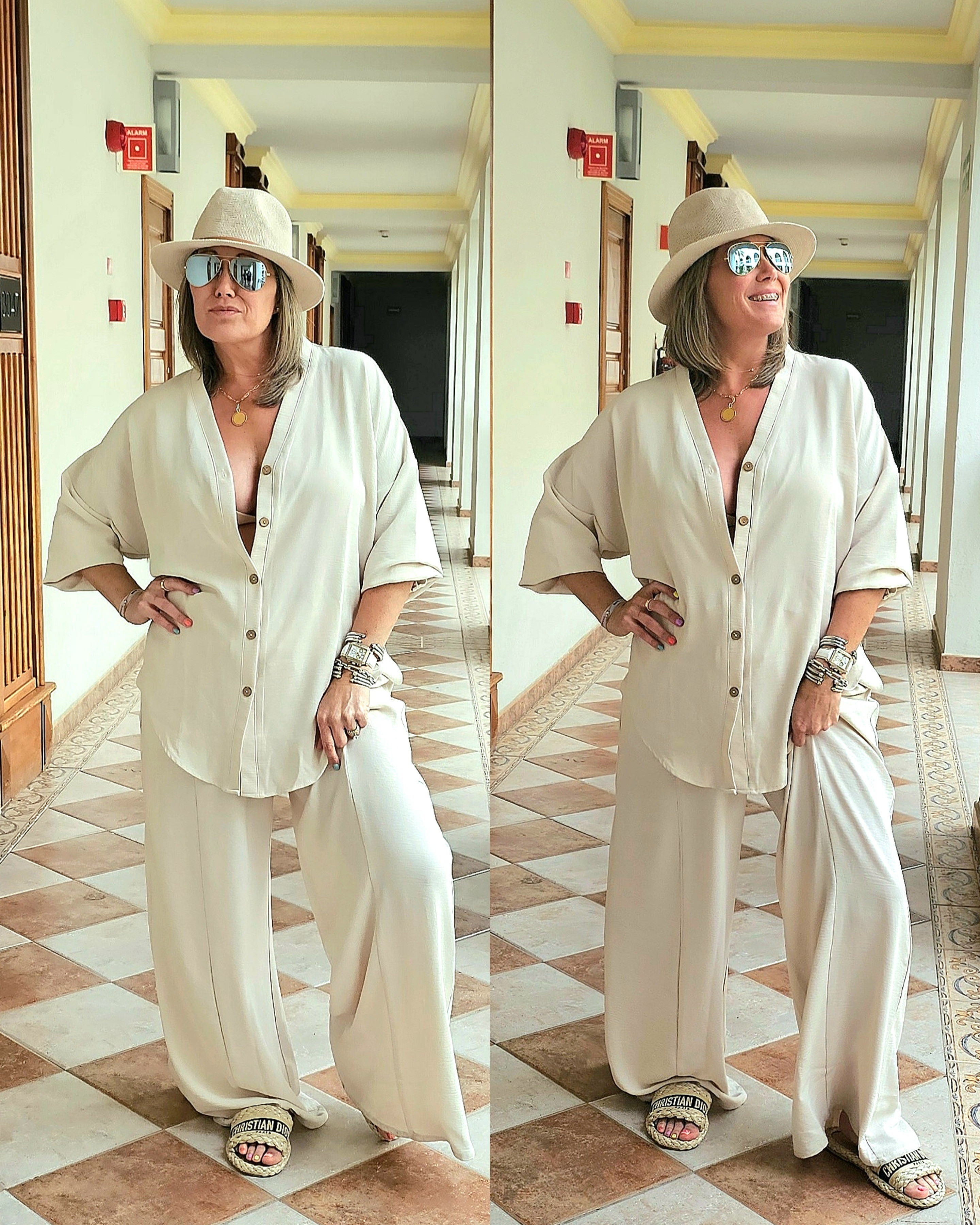This set JUST restocked. I have the shorts too! This designer makes the BEST clothes and I can't even tell you how many people stopped me in the airports to ask about this matching set, its THAT good!I'm 5'6 160lbs and I'm wearing a S/M in the top and large in the bottoms. They are DEFINITELY tall girl friendly,  I have the rolled down and still could use a heel... I need to have them hemmed. 

#LTKOver40 #LTKMidsize #LTKTall