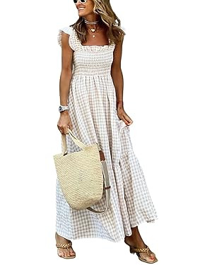 chouyatou Women's Retro Plaid Smocked Dress Spaghetti Strap Flounce Long Dress | Amazon (US)