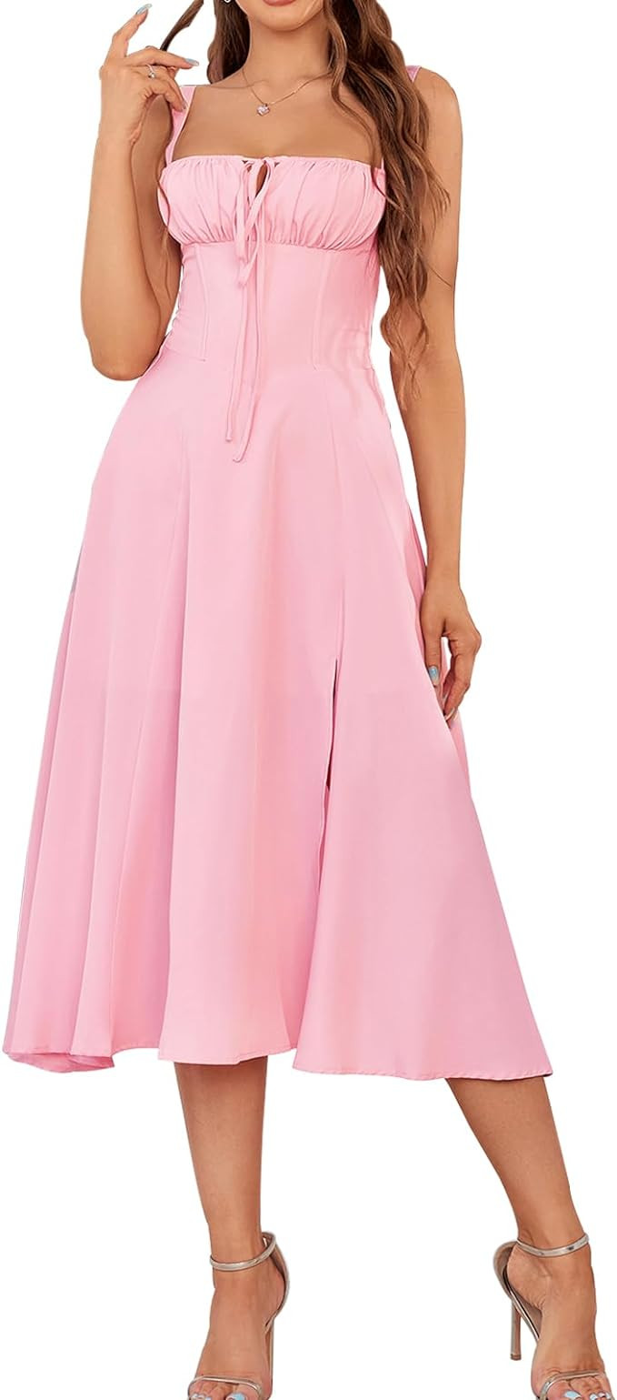 Floral Midi Corset Dress Boho Flowy Slit Lace Up Dresses for Women Going Out A Line Casual Sundre... | Amazon (US)