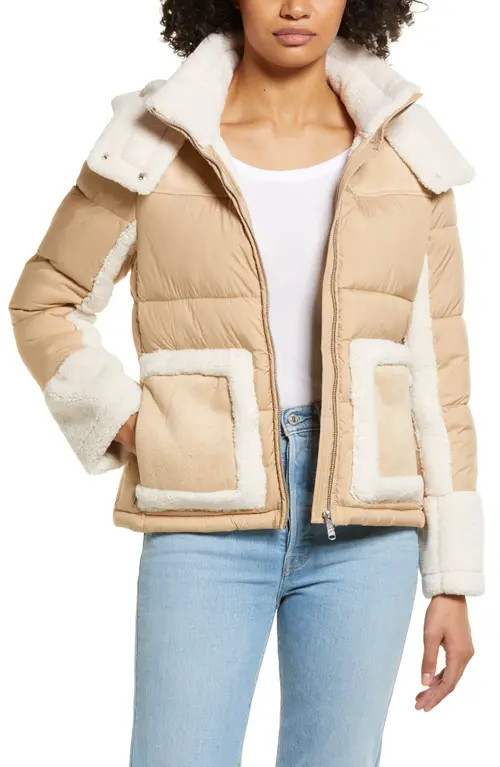 Sam Edelman Mixed Media Puffer Jacket with Faux Fur Trim in Sand at Nordstrom, Size Large Regular | Nordstrom