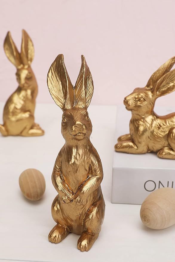 WONDROUS' DECO Resin Bright Gold Easter Bunny Figurines, Small Decorative Easter Bunny Statue Set... | Amazon (US)