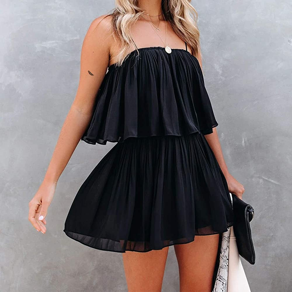 Exlura Womens Spaghetti Strap Pleated Short Jumpsuit Sleeveless Flowy Playsuit Rompers | Amazon (US)