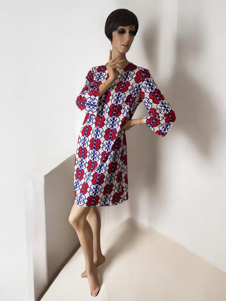 Vintage 70s silan Trevira 200 geometric print red navy white mini dress 12 14 | Etsy (Global)
