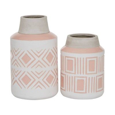 Set of 2 Round Geometric Textured Patterned Ceramic Vase Pink/White - Olivia & May | Target