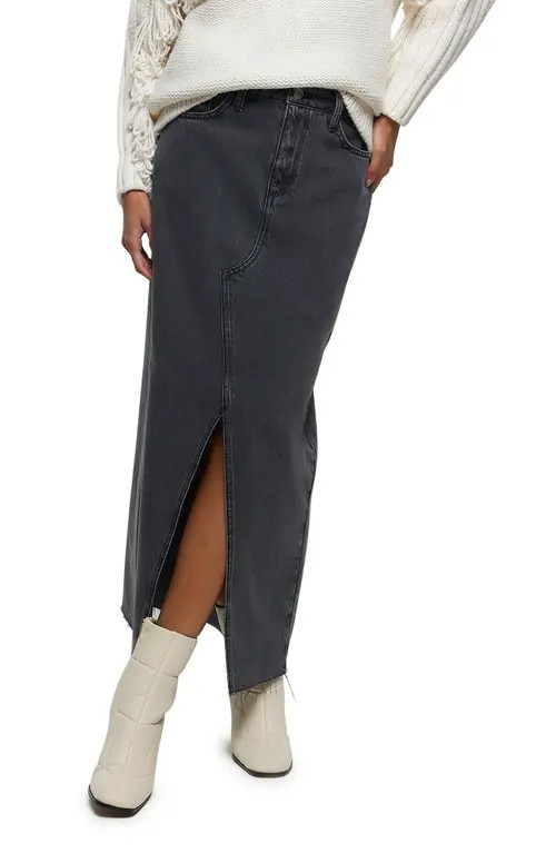 River Island Front Slit Denim Maxi Skirt in Grey at Nordstrom, Size 14 | Nordstrom