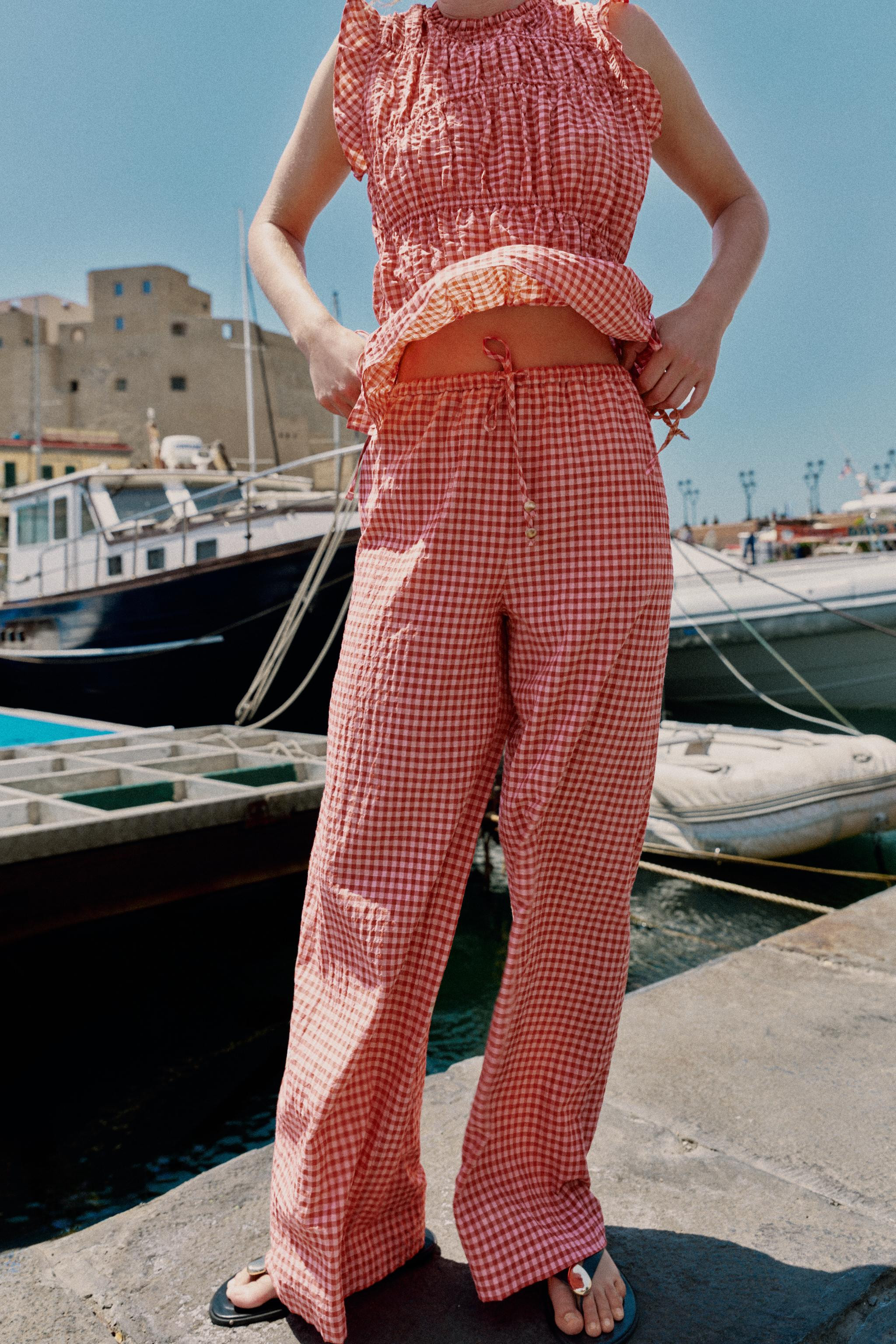 GINGHAM WIDE LEG PANTS | Zara US
