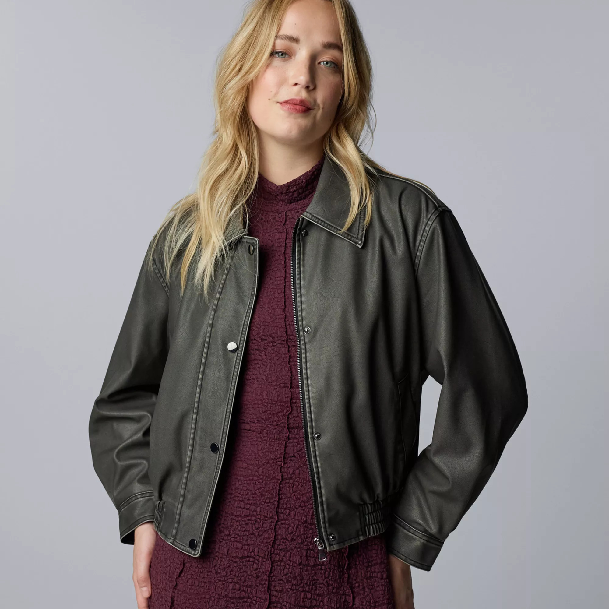Women's Simply Vera Vera Wang Washed Faux Leather Bomber Jacket, Size: Large | Kohl's