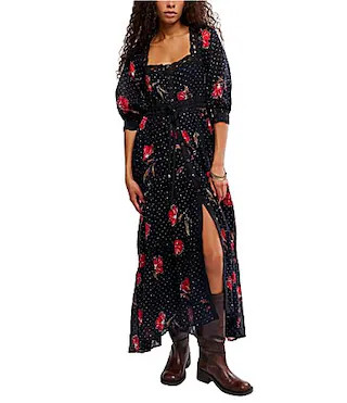 Free People Morning Meadows Floral Dotted Printed Square Neck 34 Sleeve Maxi Dress -  S | Dillard's