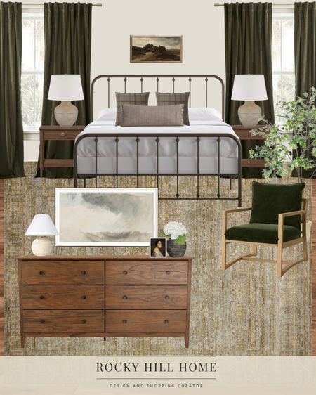 Cottage bedroom design, metal farmhouse bed, Jean Stoffer x Loloi rug, affordable bedroom furniture, west elm velvet curtains, studio McGee decor 

#LTKhome #LTKstyletip #LTKunder100