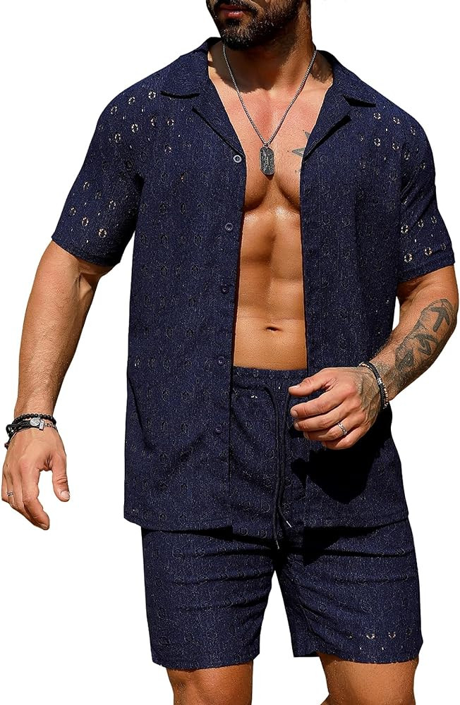 URRU Men's 2 Pieces Outfits Summer Beach Set See Through Sheer Short Sleeve Flower Lace Shirts an... | Amazon (US)