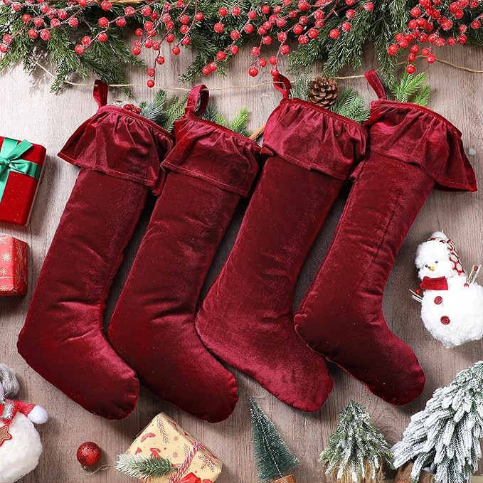 4 Pcs 11.8 x 19 Large Wine Red Velvet Christmas Stocking Xmas Plush Stocking Fireplace Decor Hang... | Amazon (US)