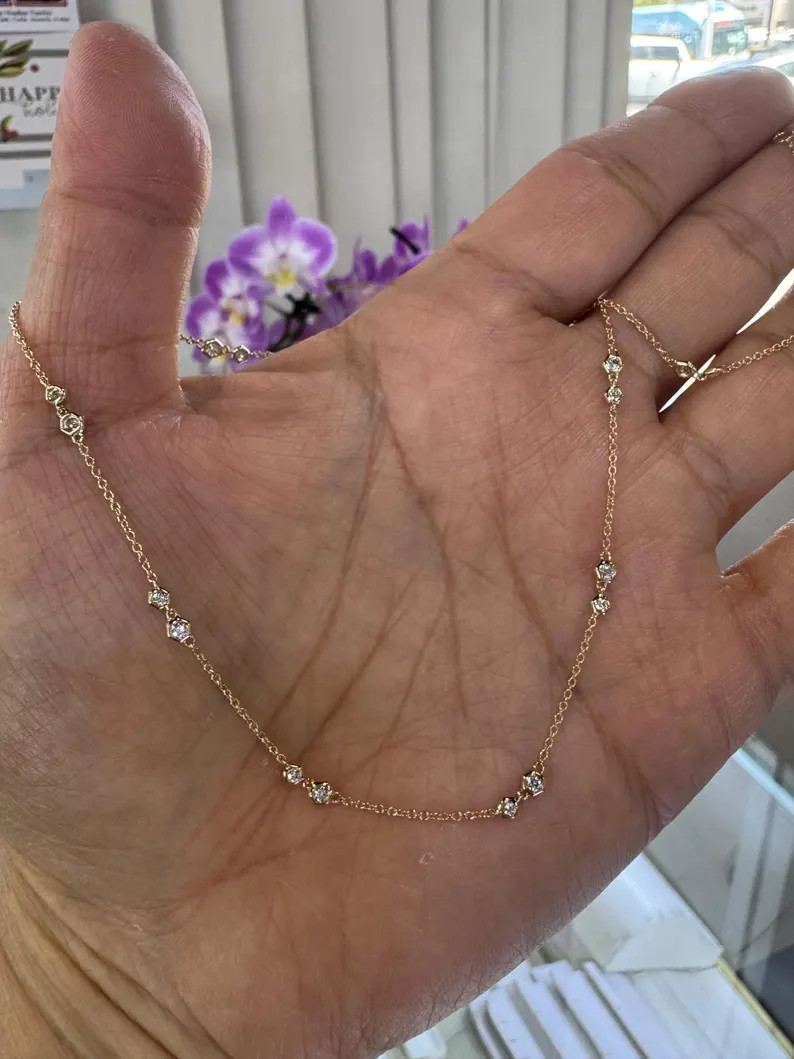 Diamond by the yard Necklace,  Dainty Diamond Necklace, Yellow Gold Diamond Station Necklace | Etsy (Global)