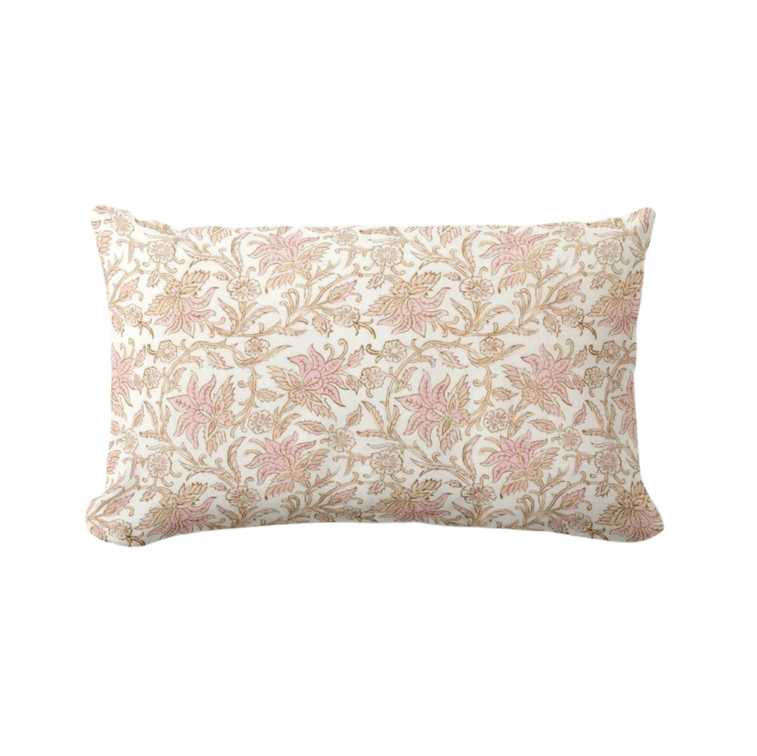 Claire Floral Lumbar Throw Pillow Cover, Pink/beige/cream 12 X 20 Pillows/covers, Blush Block Pri... | Etsy (US)