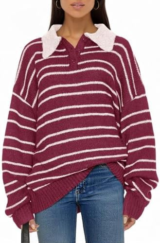 Saodimallsu Womens Striped Swaters Button Collared Polo Shirts Oversized Long Sleeve Chunky Knit ... | Amazon (US)