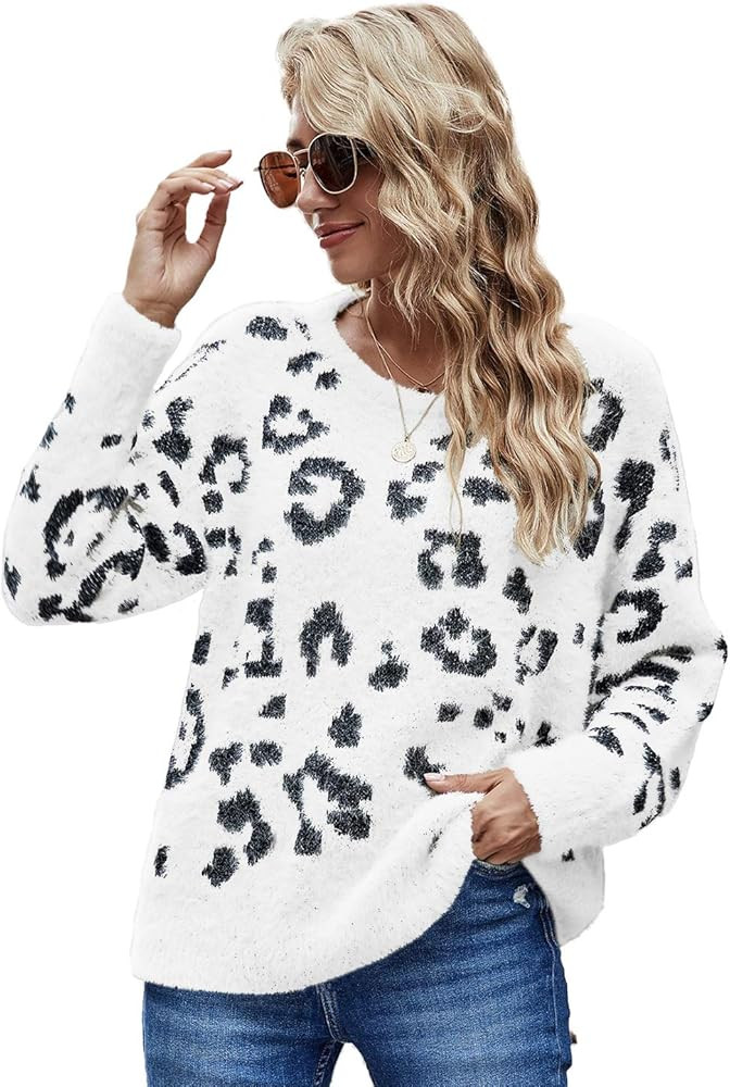 Women's Casual Leopard Crew Neck Loose Fit Sweater Long Sleeve Slouchy Pullover Knitted Fuzzy Jum... | Amazon (US)