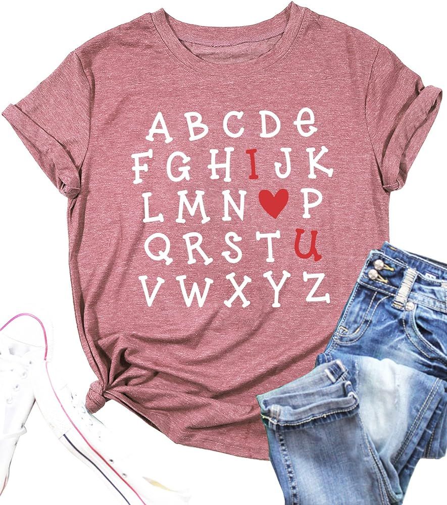 Valentine's Day Shirt Women Alphabet ABC I Love You Printed T-Shirts Teacher Valentine Shirt Tees... | Amazon (US)