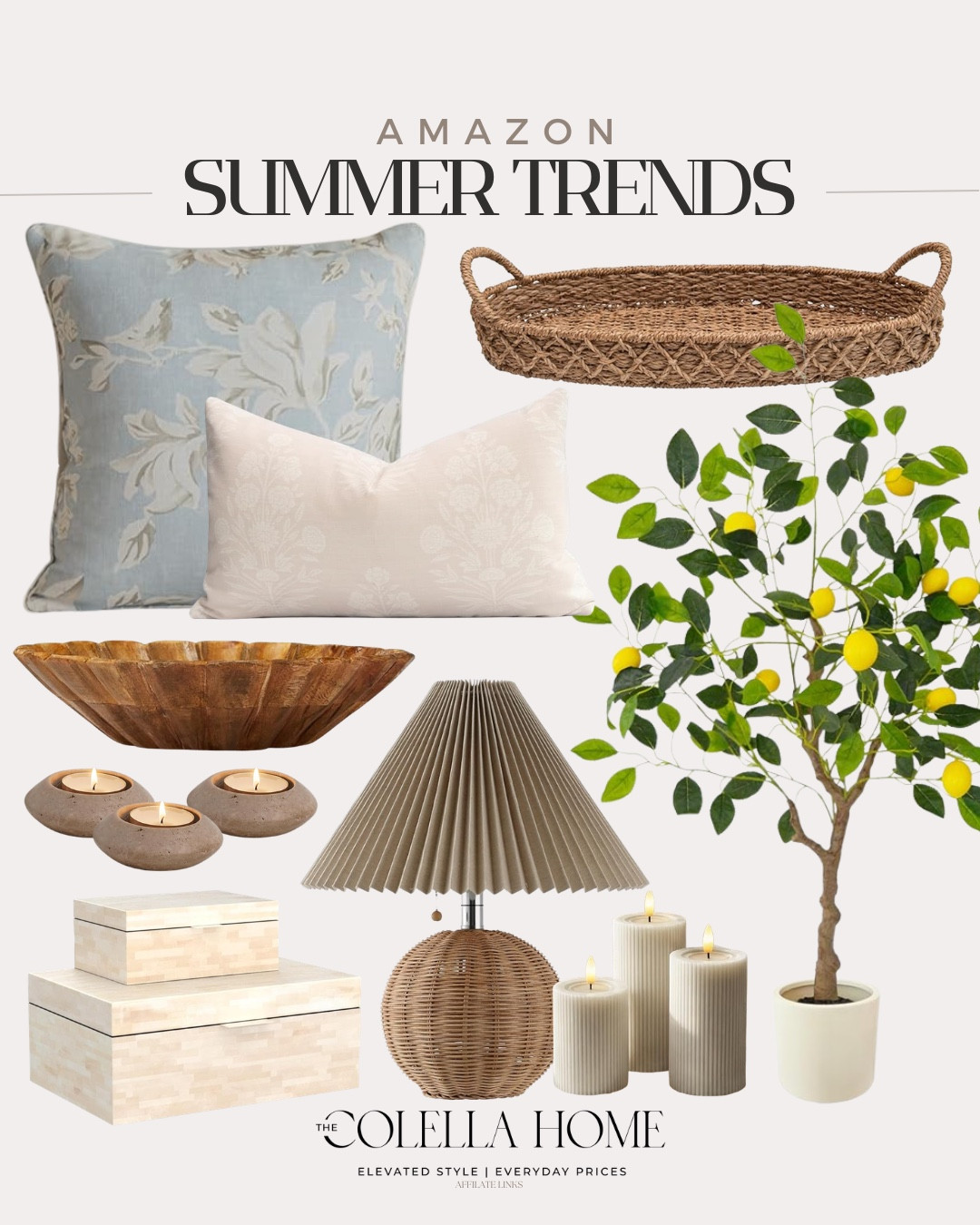 Amazon home summer trends include lemon tree, pillar candles, table lamp, decorative boxes, tea candle holders, throw pillows, and rattan tray.

Home decor, summer home decor, neutral decor

#LTKHome #LTKSaleAlert #LTKSeasonal