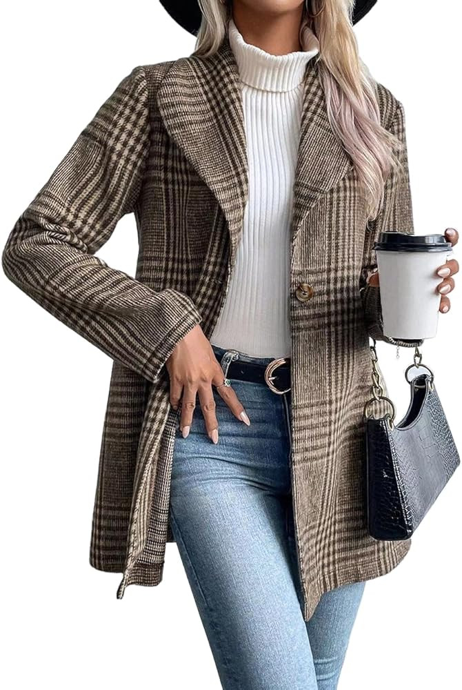 IDEALSANXUN Long Wool Plaid Blazer for Women Fall Outfits Winter Trench Coat Long Sleeve Casual D... | Amazon (US)