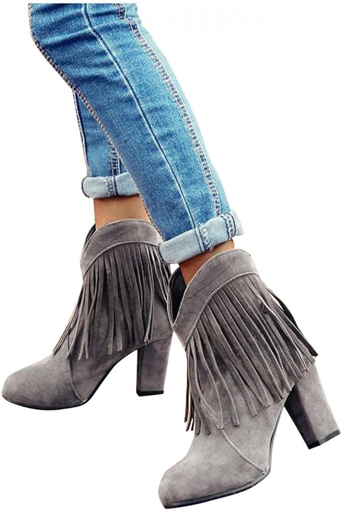 Ankle Boots for Women with Heel Fashion Fringe Cowboy Short Boots Casual Combat Chunky Heeled Cow... | Amazon (US)