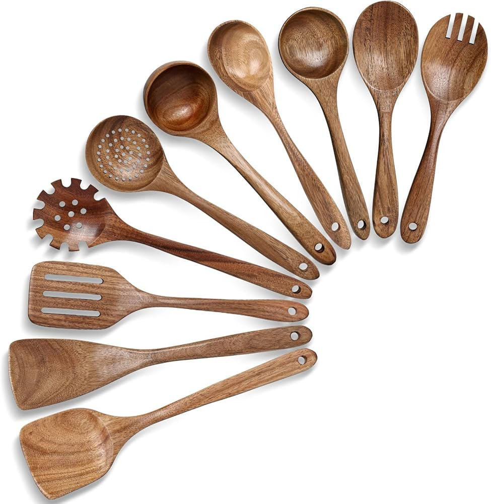 HAKSEN Wooden Spoons for Cooking, 10PCS Natural Acacia Wood Kitchen Utensils Set, Wooden Utensil ... | Amazon (US)