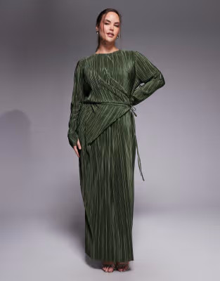 ASOS DESIGN Curve plisse long sleeve wrap tie waist maxi dress in khaki | ASOS (Global)
