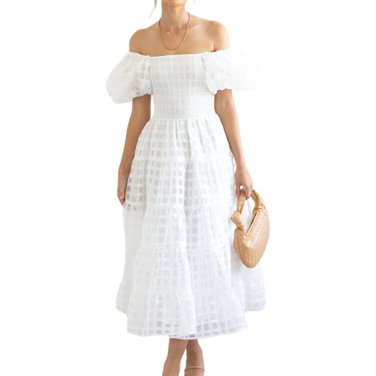 Women 2023 Off Shoulder Summer Midi Dress Puffy Short Sleeve Square Neck Smocked Gingham Tulle Ti... | Walmart (US)