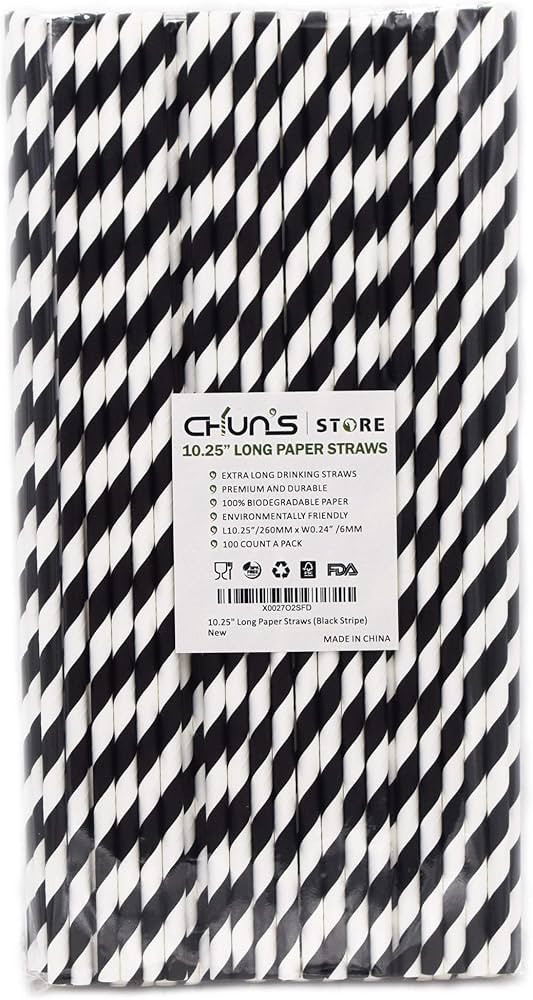 10.25" Long Disposable Paper Drinking Straws, 0.24" Diameter - Black/White Striped, Pack of 100 | Amazon (US)