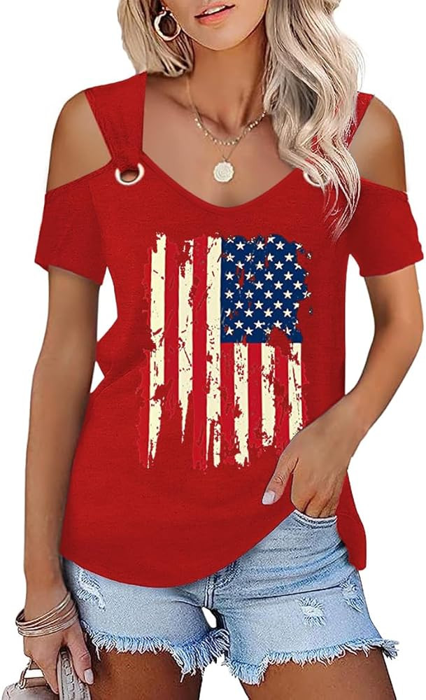 Womens 4th of July Shirt Funny Hollow Out Sweet O Ring Shoulder Short Sleeve Tee Summer Loose Fit... | Amazon (US)