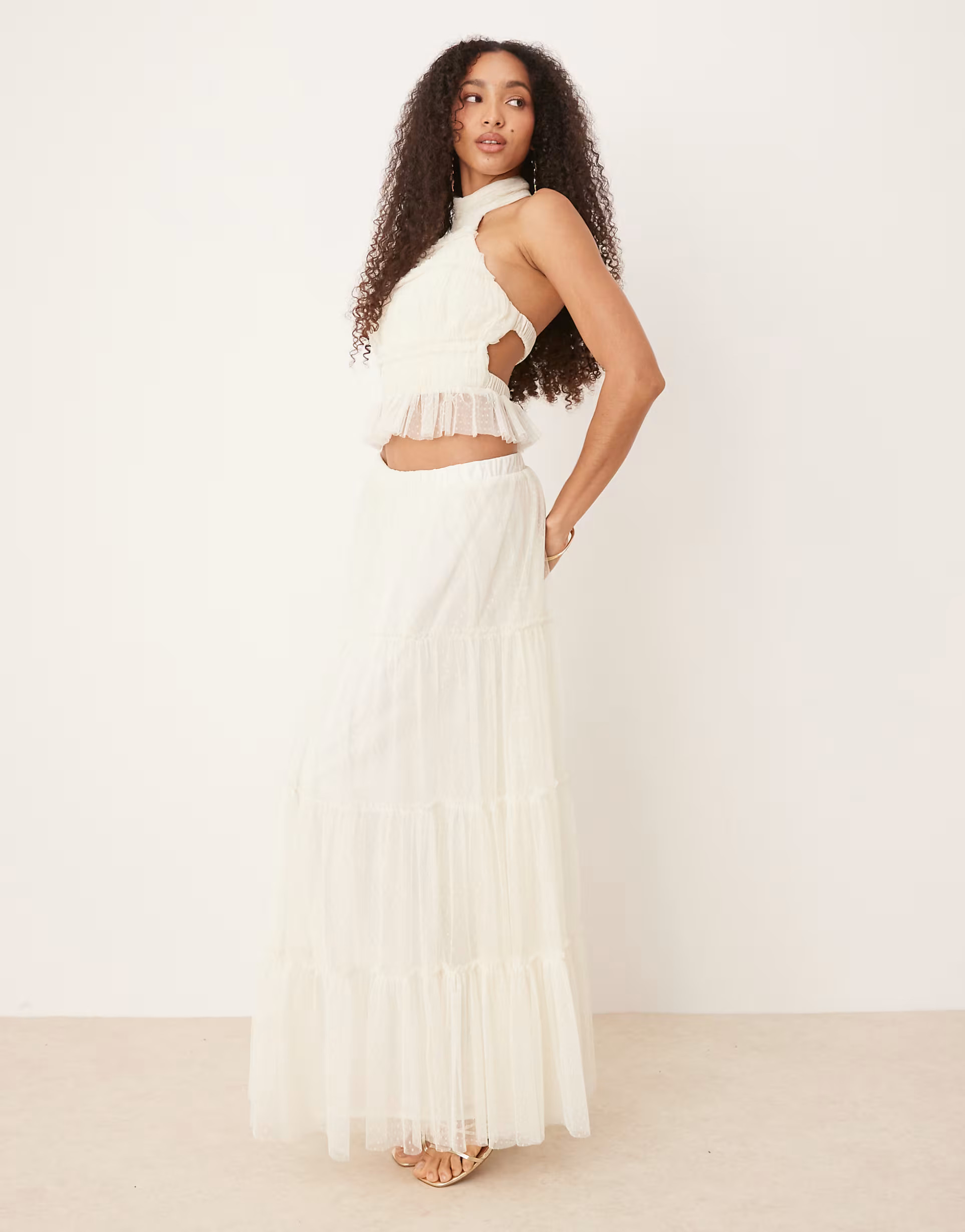 Lace & Beads tiered ruffle maxi skirt co-ord in ivory | ASOS | ASOS (Global)