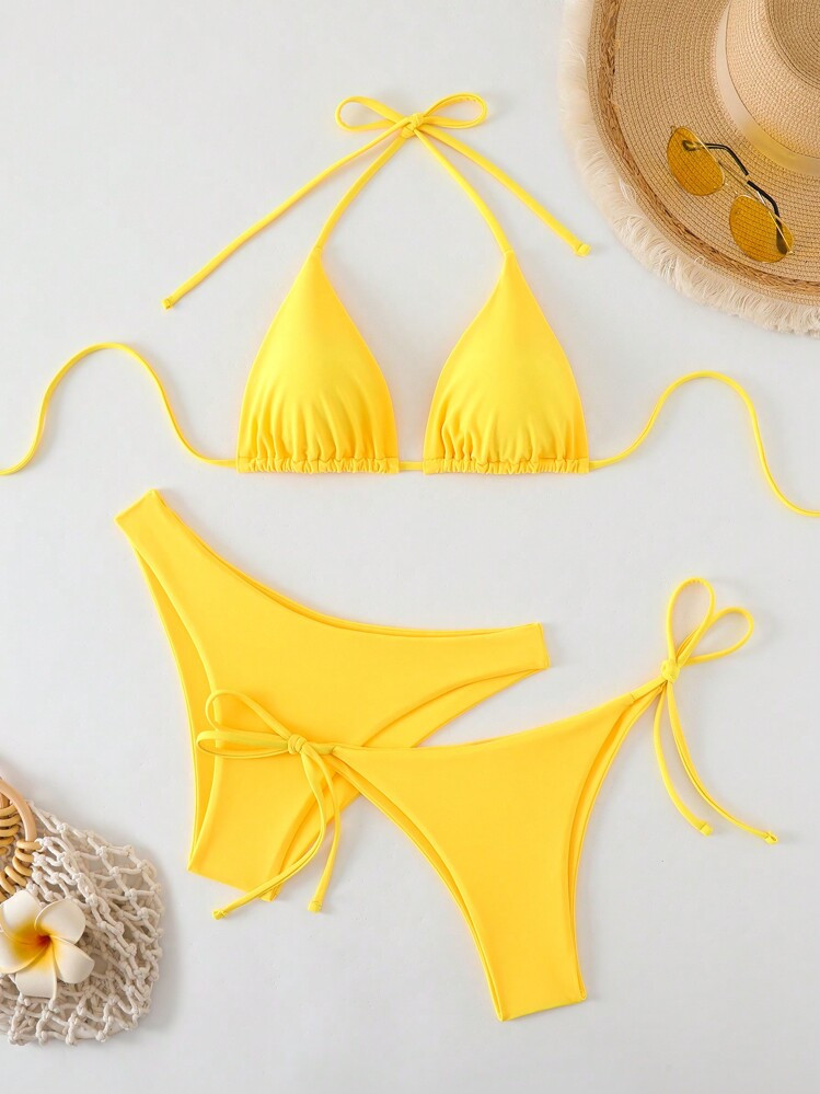 Swim Mod 3pcs/Set Women Summer Beach Solid Color Halter Backless Tie Bikini Set With Triangle Shorts | SHEIN