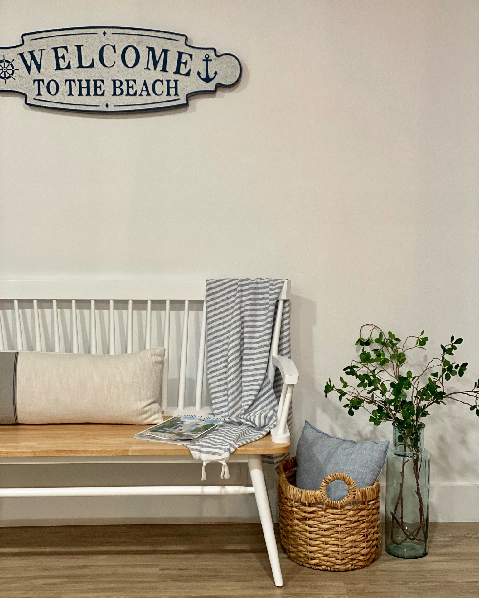 White bench, rattan basket and pillow. Bench and basket were out of stock so added similar ones. 

#LTKFind #LTKhome