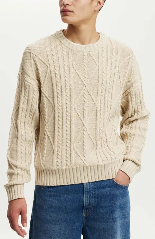 Cotton On Cable Knit Crew in Stone Marle Cable at Nordstrom, Size Medium | Nordstrom