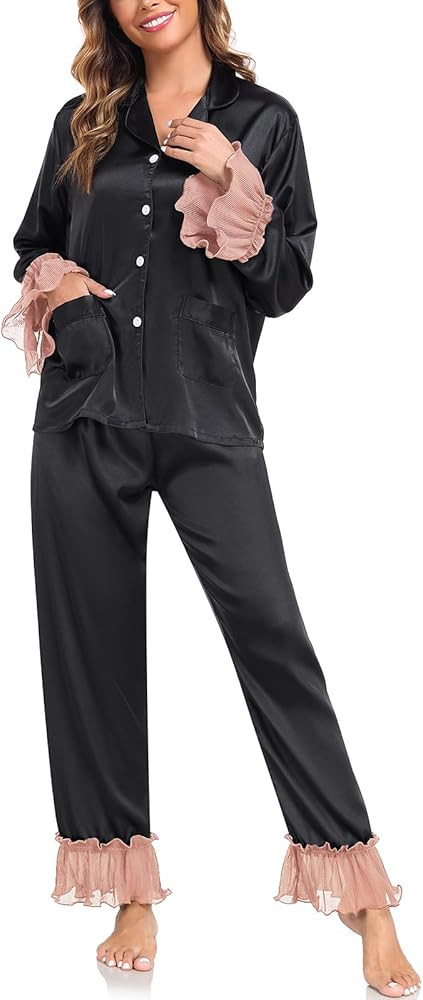 BestWendding Womens Silky Pajamas Ruffle Hem Long Sleeve Collar Shirt and Long Pants Button Up Lo... | Amazon (US)
