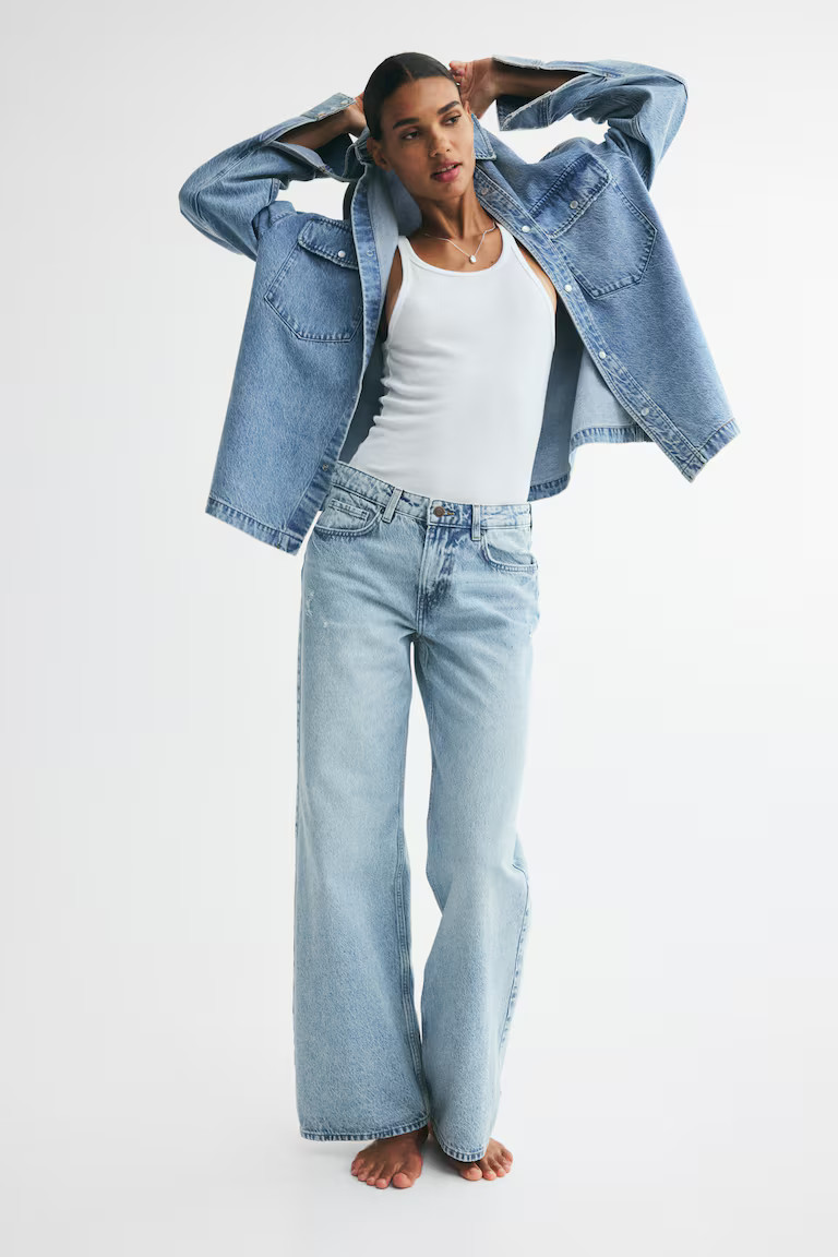 H & M - Wide-Leg Regular Waist Jeans - Light Denim Blue | H&M (US, CA, MX)