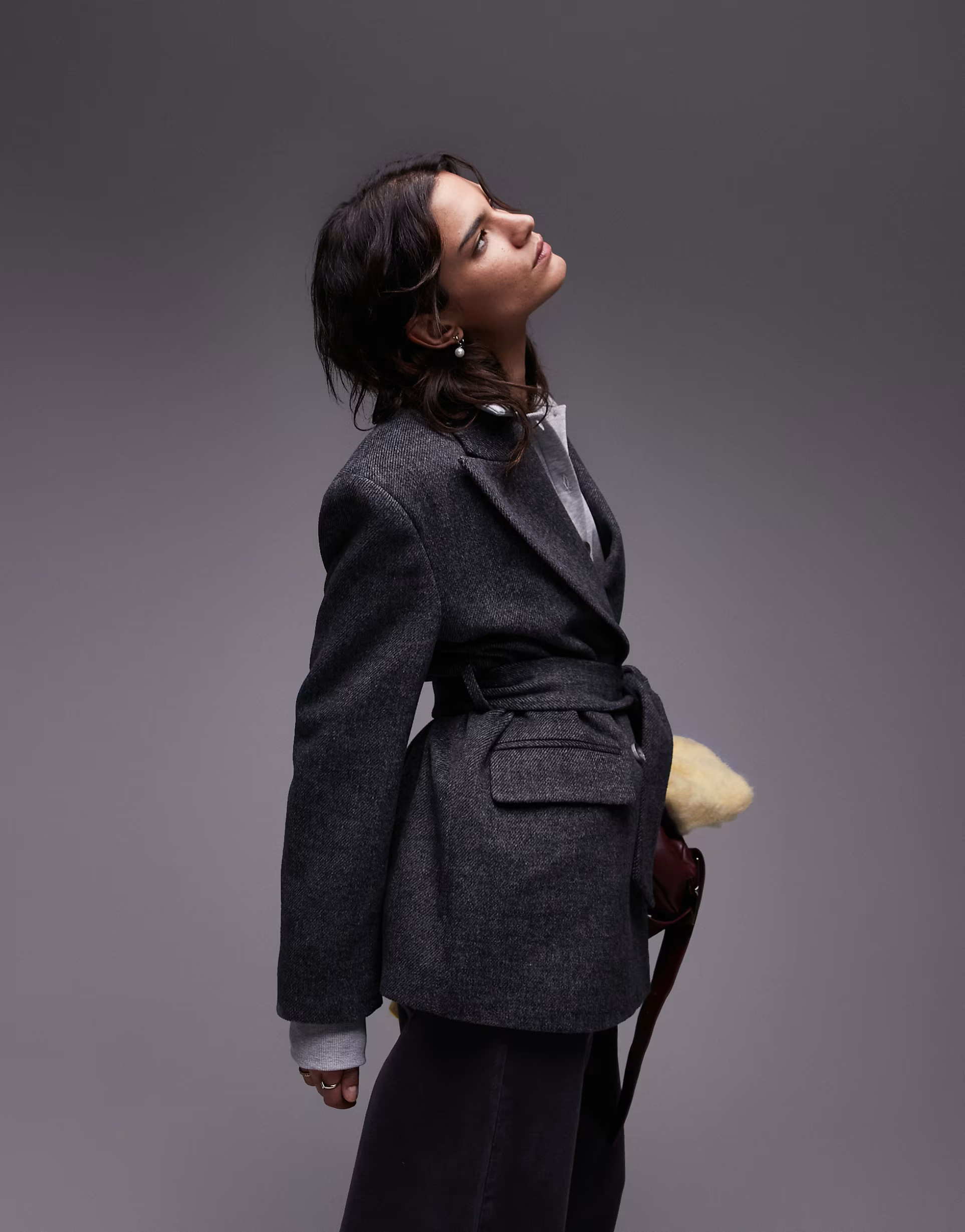 Topshop double breasted belted twill blazer coat in charcoal | ASOS (Global)