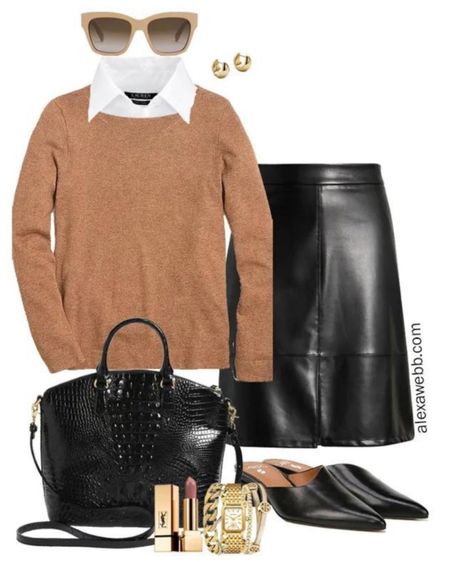 Plus Size Fall Work Capsule 2023 Outfit Idea with camel sweater, white button down, faux leather skirt, and mules by Alexa Webb #plussize

#LTKworkwear #LTKplussize #LTKover40