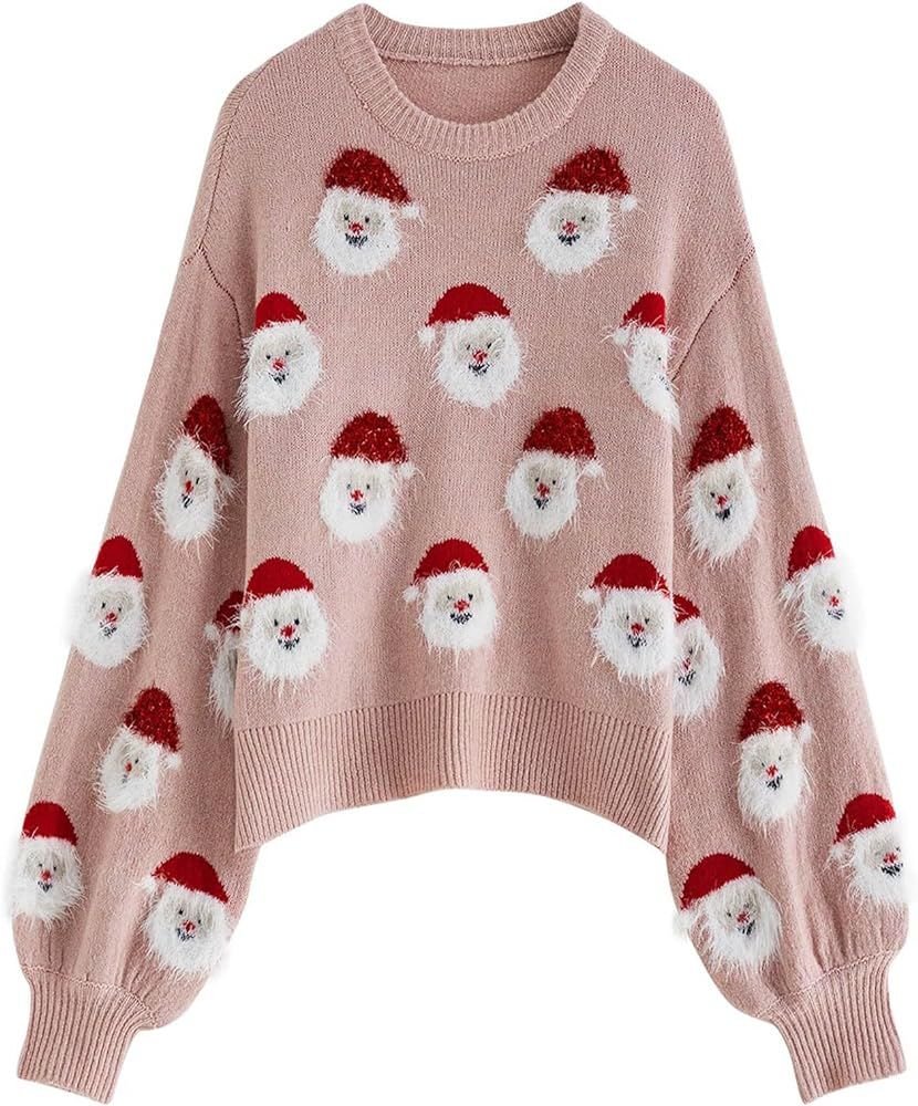 CHICWISH Women's Black/Green/Pink/Red Fuzzy Santa Claus Knit Top | Amazon (US)
