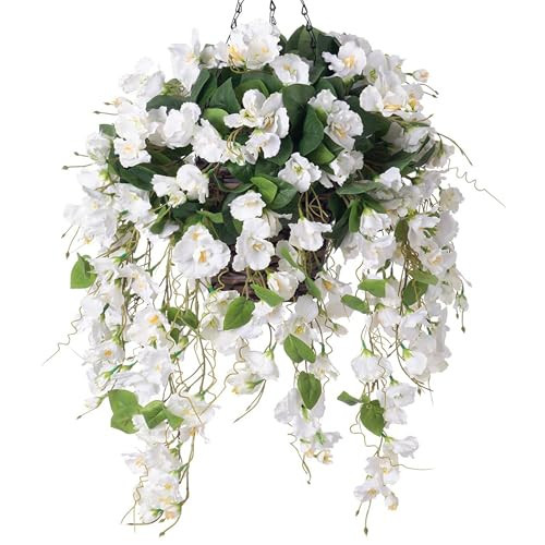 Artificial Fake Hanging Hibiscus Flowers Plants Baskets for Outdoor Decoration, Faux Silk Hibiscus Long Vines in Planter UV Resistant Realistic Flowers for Outside Porch Patio Home Decor, White | Amazon (US)