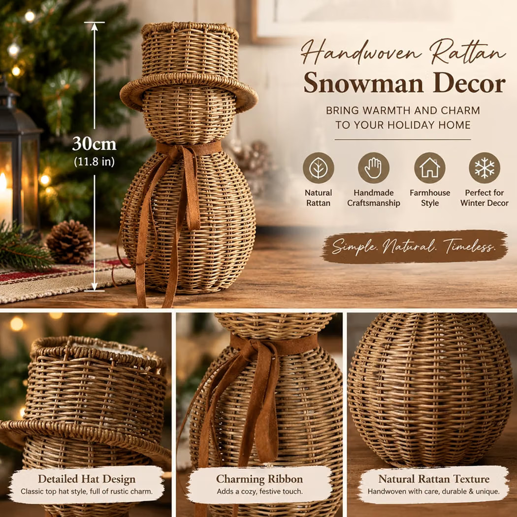 12" Rattan Snowman with Bow, Christmas Table Decorations | Amazon (US)