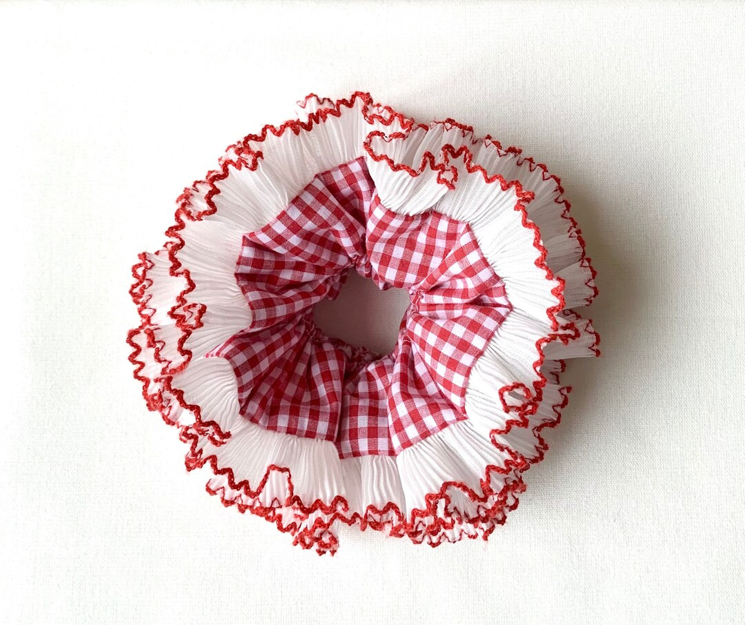 Double Layer Pleated Lace Scrunchie, Oversize Gingham Scrunchie, Red Hair Bun Holder, Oversize Ha... | Etsy (US)
