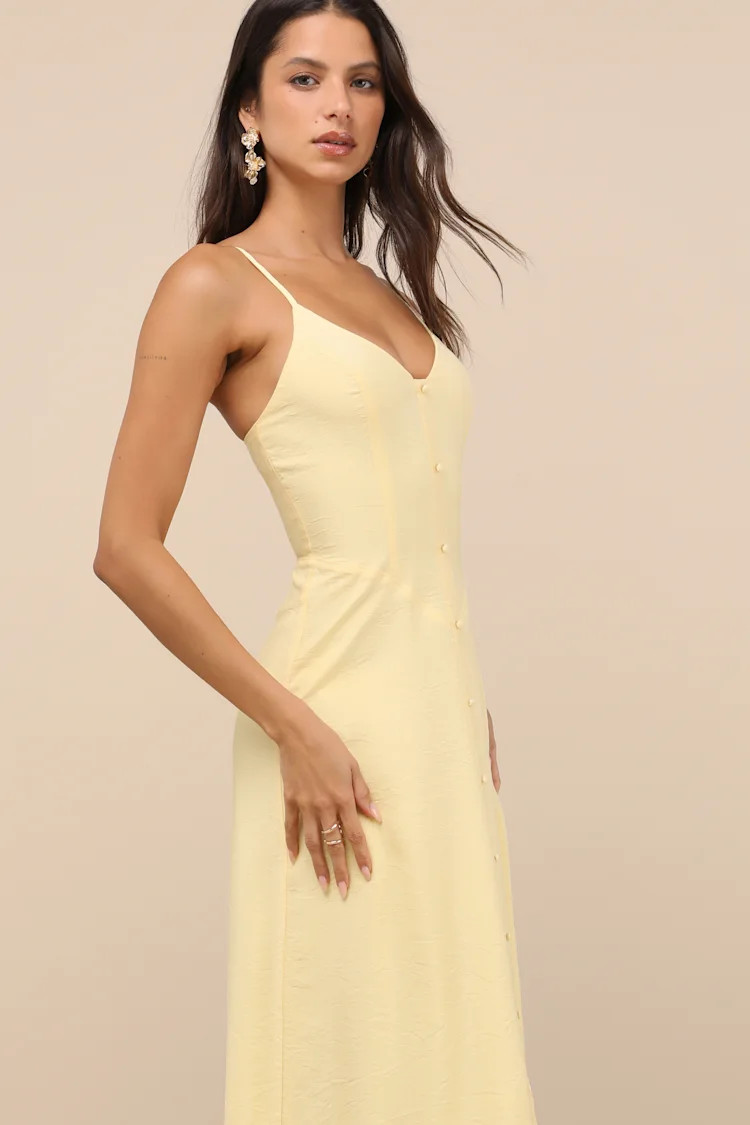 Sanya Light Yellow Button-Front Sleeveless Midi Dress | Lulus