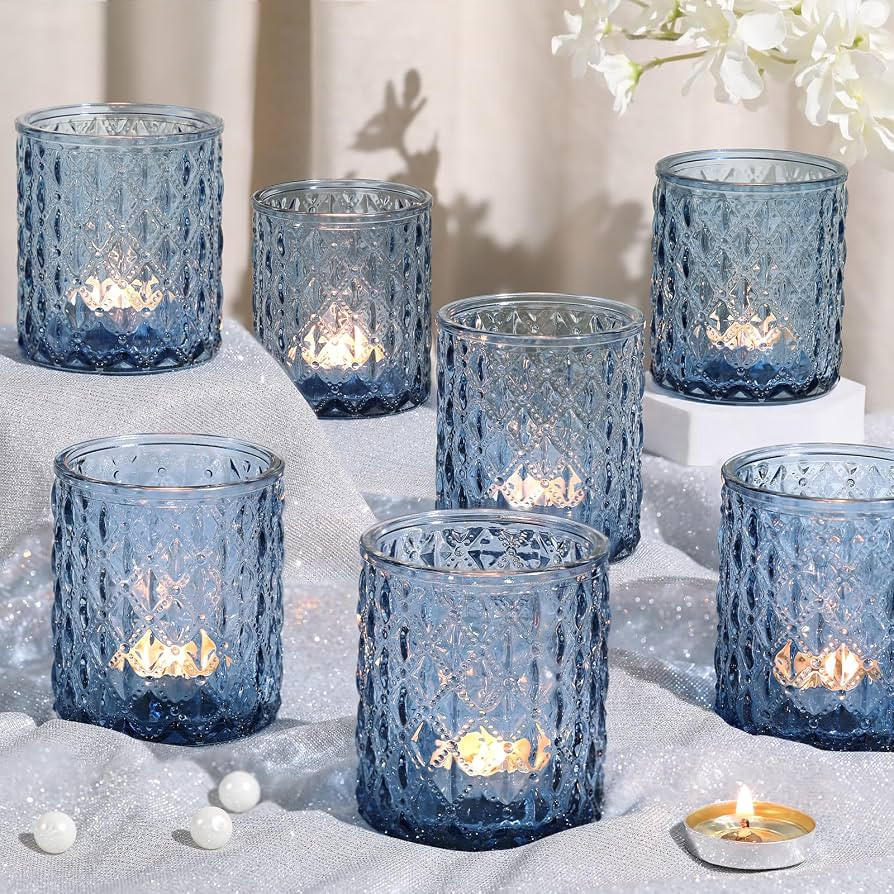 8 Pcs Large Votive Candle Holders Blue Tea Light Candle Holders | Amazon (US)