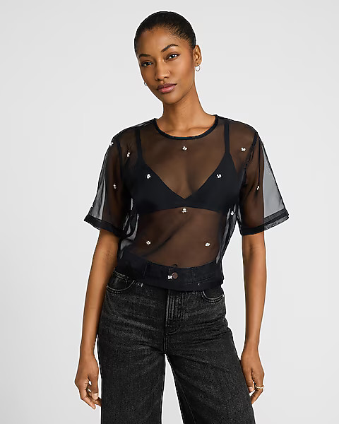 Embellished Sheer Organza Crew Neck Short Sleeve Tee | Express