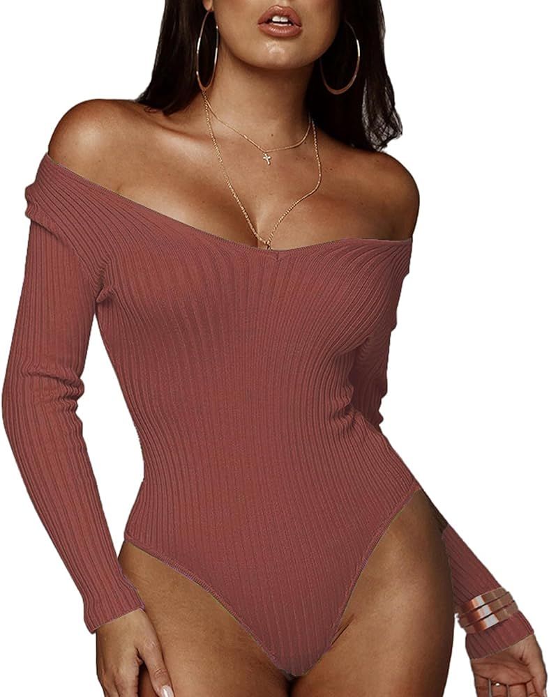 Womens Sexy V Neck Bodysuit Basic Ribbed Long Sleeve Jumpsuits Tops For Women Fall Tops | Amazon (US)
