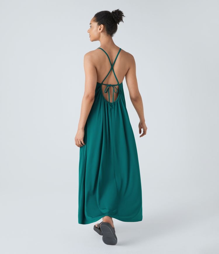 Backless Crisscross Lace Up Plicated Maxi Slip Resort Dress | HALARA