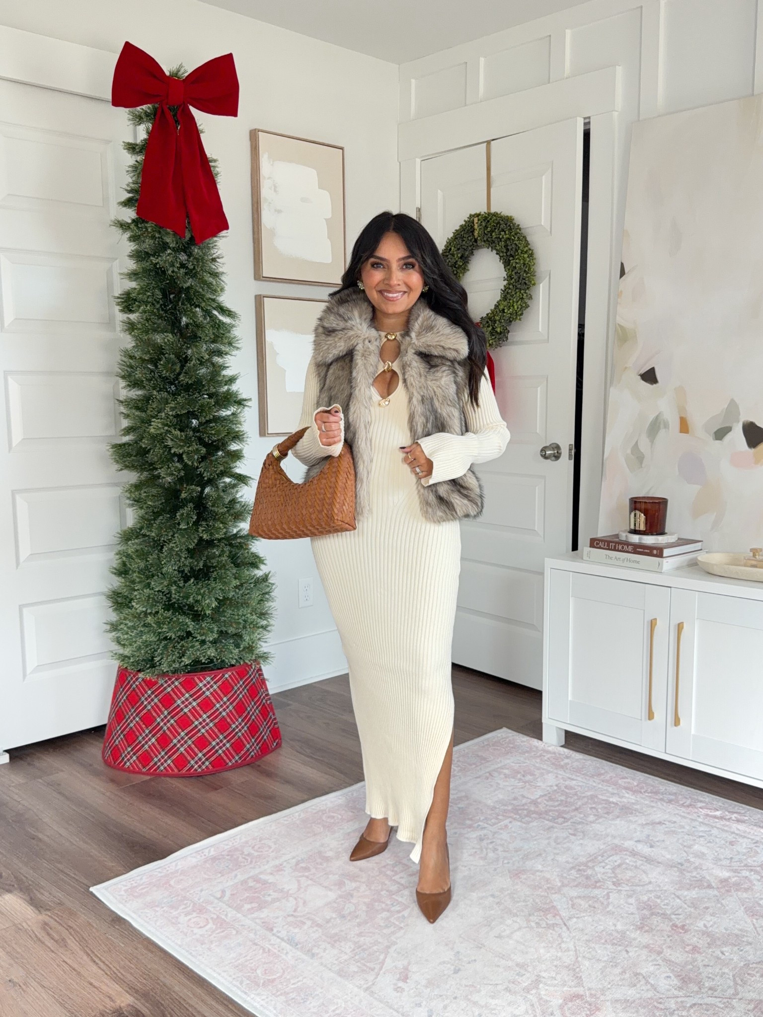 Cream ribbed maxi sweater dress size xs TTS
Tan faux fur vest size xs TTS
Brown heels size 5 TTS

#LTKGiftGuide #LTKHoliday #LTKPetite