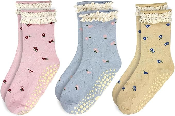3 Pairs Pilates Grip Ankle Socks for Women – Cute Floral Ruffle Yoga Socks, Non Slip Barre Grip... | Amazon (US)