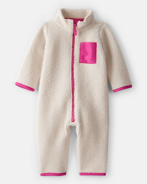 Baby Girl Color Block Fleece Long-Sleeve Jumpsuit - Cream/Pink | Carter's Inc