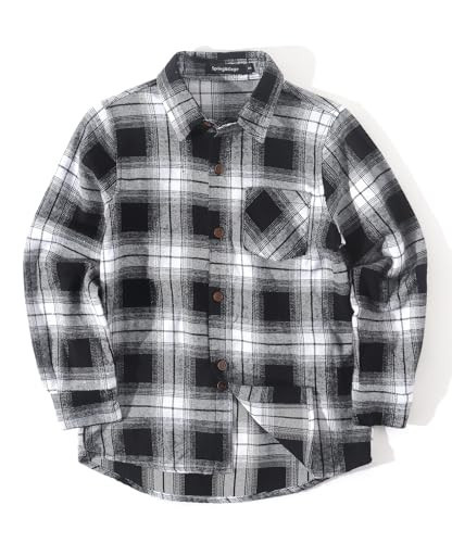 Spring&Gege Boys Casual Long Sleeve Plaid Flannel Button Down Shirt for Children, Black and White, Size 5-6 Years | Amazon (US)