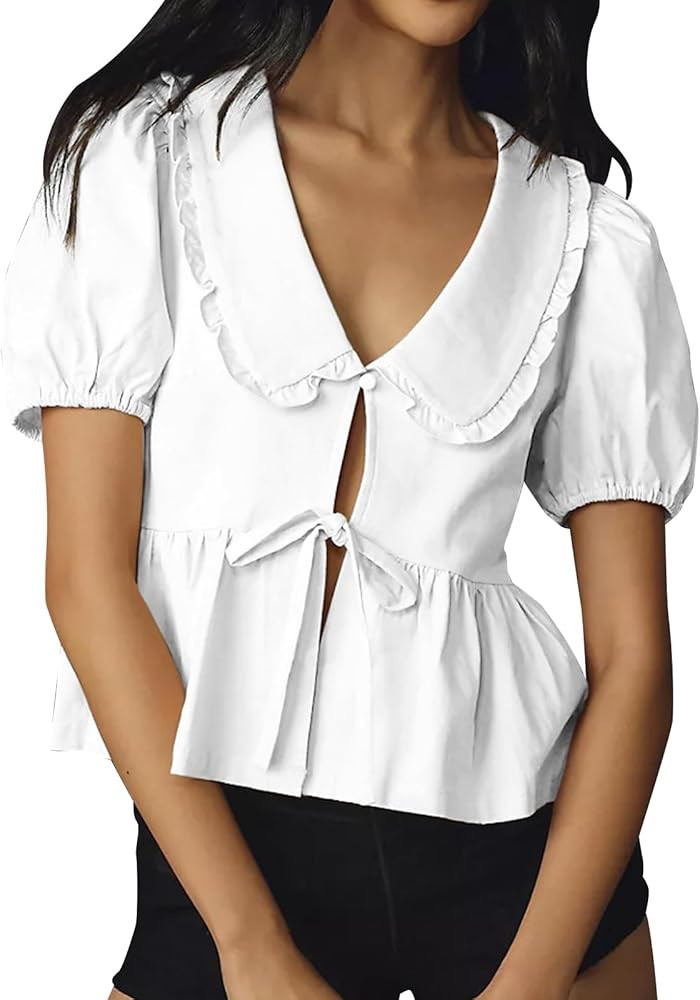 Womens Peter Pan Collar Blouse Babydoll Shirt 2025 Puff Short Sleeve Tie Front Peplum Blouse Goin... | Amazon (US)